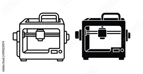 3D printer vector icons set, industrial additive manufacturing equipment symbols, black and white linear 3D printing machine graphics for technology design