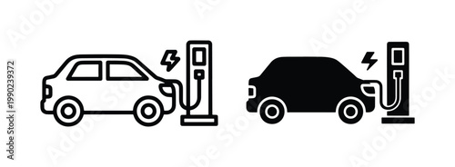 Electric car charging station icons, black line and silhouette EV vehicle vector set, sustainable transport and green energy infrastructure symbols
