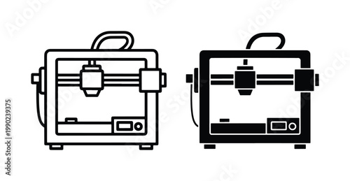 3D printer vector icons, industrial additive manufacturing equipment symbols, black and white rapid prototyping machine graphics for engineering