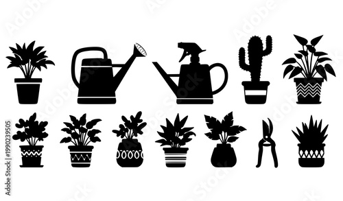 Gardening tools and potted plants silhouette vector set with watering can sprayer and shears in black design collection