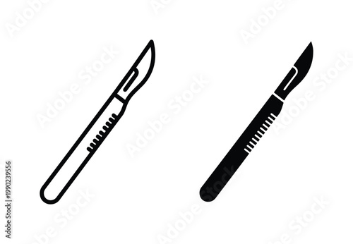 Surgical scalpel vector icons, medical blade line and silhouette graphics, professional surgeon knife equipment for healthcare and hospital design