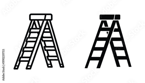 Minimalist stepladder vector icons, black outline and solid silhouette ladder symbols, industrial construction equipment set for home repair
