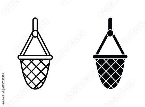 Minimalist fishing net icons set, black and white landing net vector graphics, simple mesh scoop net symbols for aquatic and hobby design