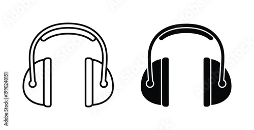 Industrial earmuffs vector icons set, protective noise reduction ear muffs for hearing safety, black outline and solid silhouette ear protectors