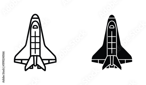 Space shuttle icons in line and silhouette styles, minimalist rocket ship vector set, black and white spacecraft symbols for aerospace design