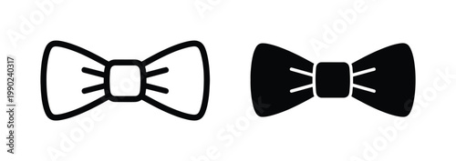 Classic bow tie vector icons set, black formal necktie symbols in outline and solid styles, elegant gentleman fashion accessories for wedding and gala