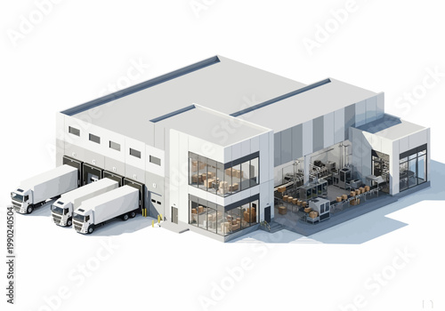 Modern industrial factory building with loading docks and trucks vector illustration