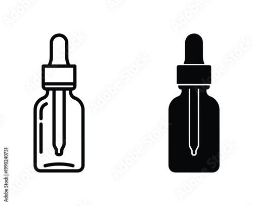 Minimalist dropper bottle icons, black outline and silhouette serum bottle vector set, cosmetic glass vial with pipette for skincare packaging design
