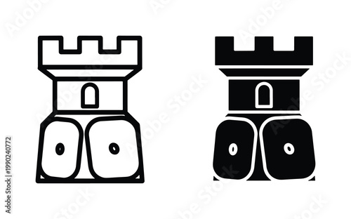 Medieval castle tower icons, black and white fortress battlements vector set, ancient stone rook architecture symbols for gaming and logos