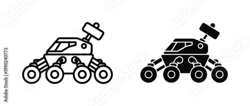 Mars rover vector icons set, lunar exploration vehicle line and silhouette graphics, space mission planetary rover symbols for astronomy education