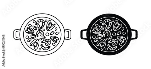 Spanish seafood paella vector icons, traditional rice dish with shrimp and mussels in pan, black and white line art culinary illustrations