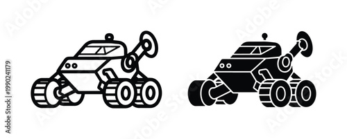 Space rover vector icons, lunar exploration vehicle set, black and white planetary rover illustrations, robotic moon buggy graphics for science projects