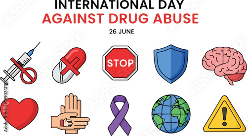 International Day Against Drug Abuse vector icons collection on white background