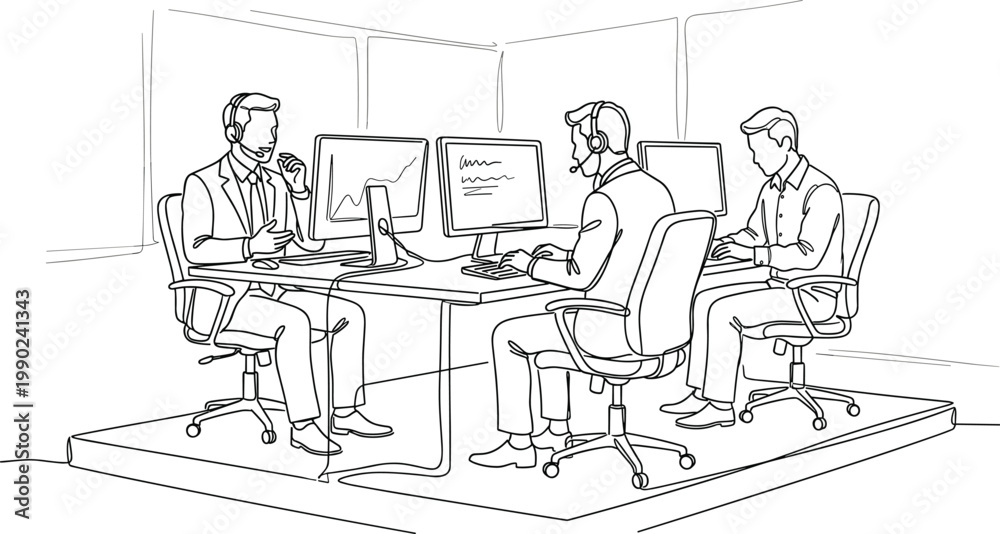 Fototapeta premium Business team working in office with computers and headsets collaboration meeting corporate workflow professional environment line art vector illustration