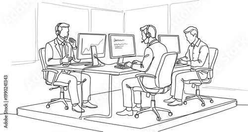 Business team working in office with computers and headsets collaboration meeting corporate workflow professional environment line art vector illustration
