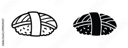 Minimalist sushi nigiri vector icons, black and white Japanese seafood illustrations, hand drawn salmon sushi line art and solid silhouette set