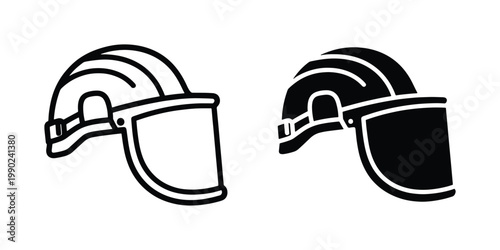 Industrial safety helmet with face shield vector icons, construction hard hat with protective visor, worker head protection equipment set