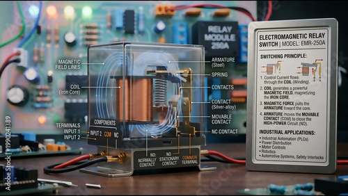 Highly detailed 3D visualization of electromagnetic relay with coil and contact mechanism, cinematic lighting and structured explanation panel describing switching principle in pastel electronic ci...