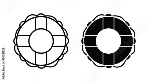 Nautical lifebuoy vector icons, black and white life ring symbols, marine safety equipment illustrations, circular lifebelt graphics for maritime design