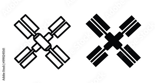 Minimalist space station satellite vector icons, black and white orbital spacecraft silhouettes, futuristic aerospace technology symbols for UI design