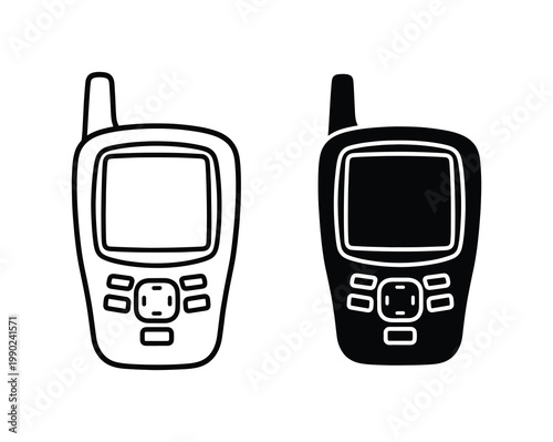 Portable walkie talkie vector icons, black and white radio transceiver silhouettes, handheld communication device set for security and logistics