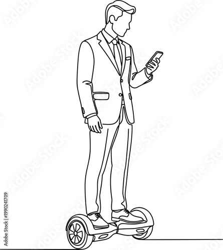 Businessman riding hoverboard while using smartphone modern urban mobility technology lifestyle line art vector illustration