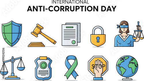 International Anti-Corruption Day vector icon set for transparency and justice