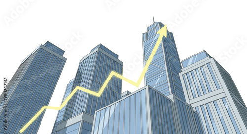 A dramatic low-angle perspective shows towering blue glass skyscrapers with a vibrant yellow jagged arrow soaring upwards against a bright white sky background.