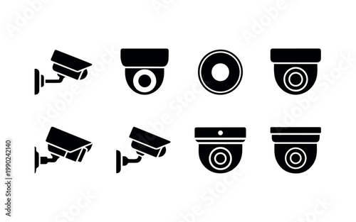 A selection of security camera icons, including wall-mounted and dome-style models, presented in both solid black and outlined formats for surveillance and monitoring system visuals.
