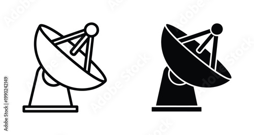 Satellite dish vector icons, parabolic antenna line and silhouette symbols, telecommunication and broadcast signal equipment for global connectivity