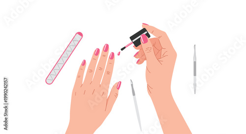 A meticulous top-down view captures a person carefully applying vibrant pink nail polish to their fingernails using various professional grooming tools on white.