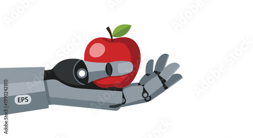 A sturdy grey robotic hand featuring a small white label on the wrist carefully cradles a glossy red apple within its open metallic palm against a white backdrop.