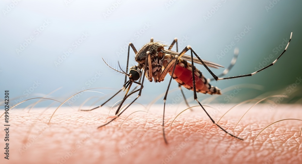 Naklejka premium Mosquito from Adobe Stock feeding on human skin up close outdoors