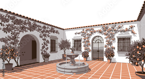 Tranquil Spanish Courtyard with Fountain and Citrus Trees