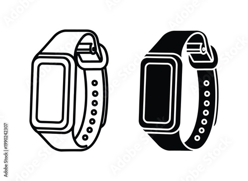Smartwatch icon set in black and white, digital wrist watch vector illustrations, wearable technology device symbols for app interface design