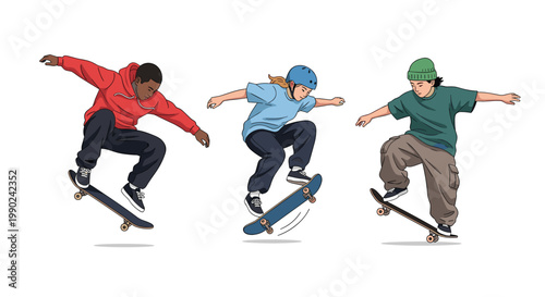 Three athletic skateboarders execute dynamic aerial tricks against a clean white background while wearing colorful streetwear including a red hoodie and blue safety helmet.