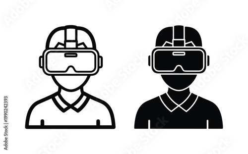 Virtual reality headset icons, person wearing VR goggles vector set, black and white line art of gamer in metaverse, digital technology avatar