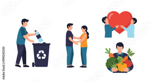 Diverse flat character illustrations showcase various aspects of a healthy lifestyle including recycling plastic bottles and carrying fresh organic vegetables.