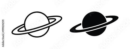 Minimalist Saturn planet icon set, black and white celestial vector symbols, simple ringed planet graphics for astronomy and space design