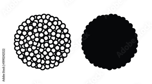 Minimalist caviar icons set, black and white fish roe vector illustrations, circular sturgeon egg clusters for luxury food branding and menu design