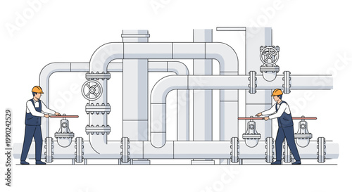 Two professional industrial technicians wearing safety hard hats operate large manual valves within a complex network of silver metallic factory pipes.