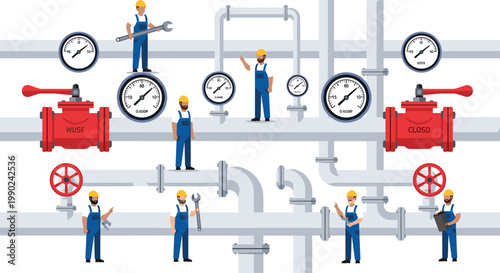 A team of skilled maintenance workers performs various technical tasks across a massive industrial piping system featuring large pressure gauges and red valves.