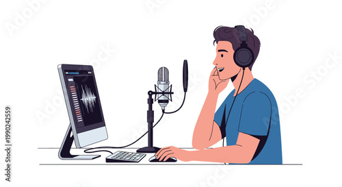 A focused male broadcaster wearing professional headphones records a high-quality podcast using a studio microphone and monitoring audio levels on a screen.