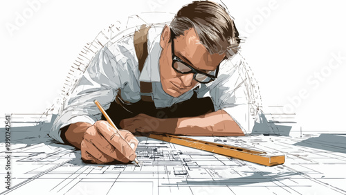 Architect carefully draws blueprints with pencil and ruler, focusing on detailed project planning