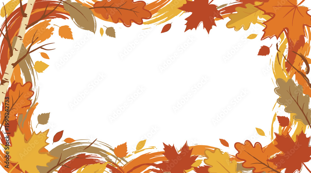 Fototapeta premium A vibrant autumn leaf border with swirling brush strokes and birch branches, framing a blank white space for text or design.
