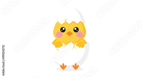 An adorable yellow baby chick with rosy pink cheeks peeks out from a cracked white eggshell while standing on tiny orange feet against white backdrop.