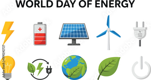 World Day of Energy vector icon collection - electricity and renewable power symbols