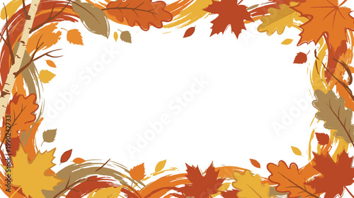 A vibrant autumn leaf border with swirling brush strokes and birch branches, framing a blank white space for text or design.
