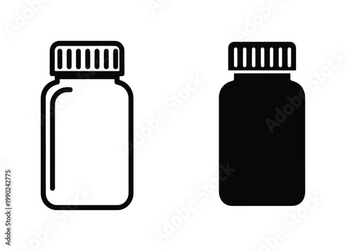Medical pill bottle icons, black outline and solid silhouette medicine jar vectors, pharmaceutical supplement container symbols for healthcare apps