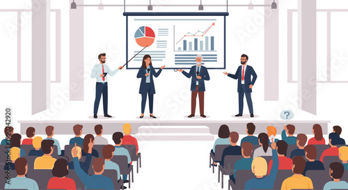 Four professional business speakers deliver a data-driven presentation on a raised stage before a large seated audience within a spacious corporate conference hall.